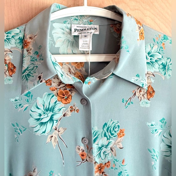NWT Pendleton Silk Stretch Blouse Teal Gold Floral Button Front Women's Size 14 - Picture 4 of 16